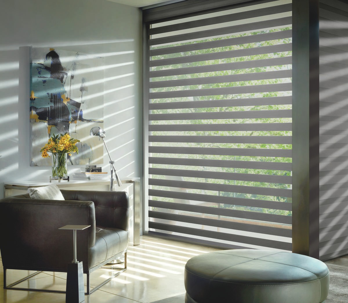 Benefits of Designer Banded Shades for Homes Near Costa Mesa, California (CA), including room darkening.