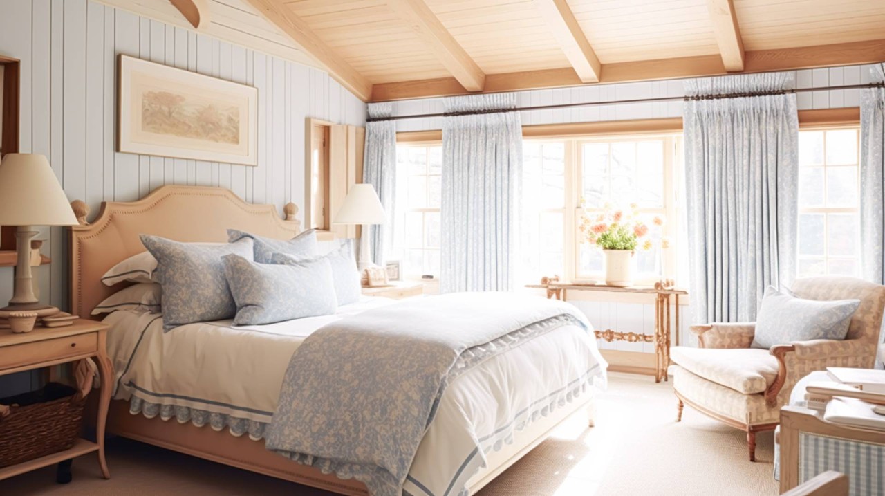 Bright and airy bedroom with beautifully designed custom bedding near Costa Mesa, CA