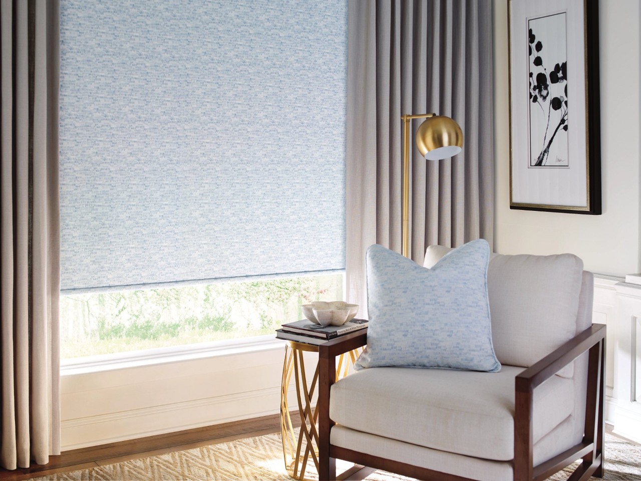 Hunter Douglas Design Studio™ Custom Drapes hanging elegantly in a residential home near Costa Mesa, California (CA)