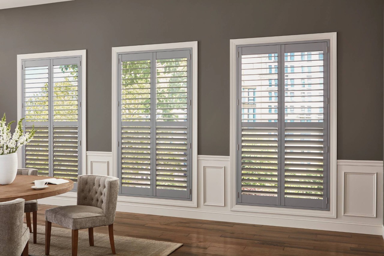 Hunter Douglas Parkland® Wood Shutters in a formal dining room near Costa Mesa, California (CA)